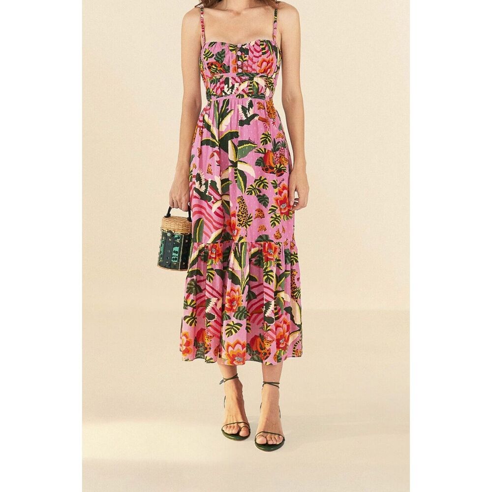 Farm Rio Pink Leopard Forest Midi Dress Small S NWT